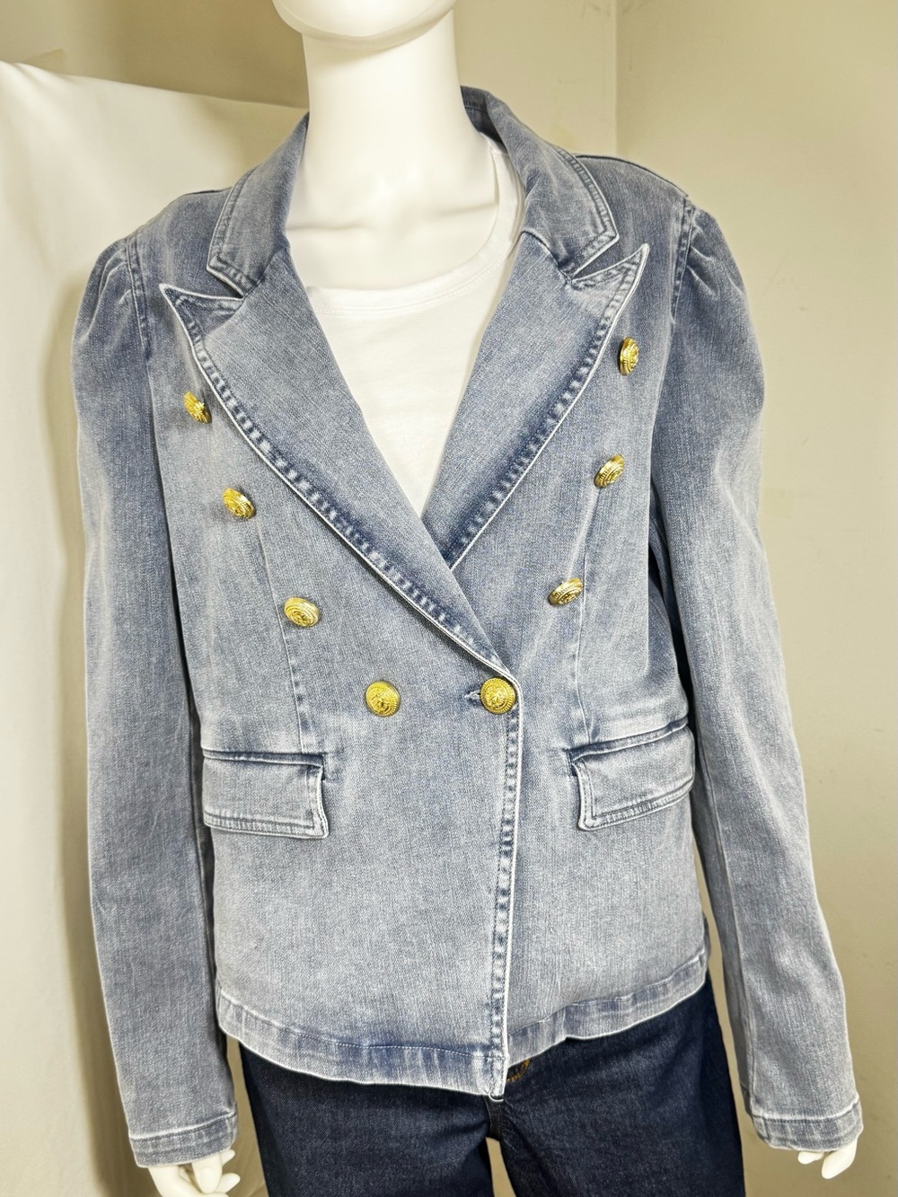 Boston Proper Sequin Angel Wing Puff Sleeve Denim Blazer Jacket Size L